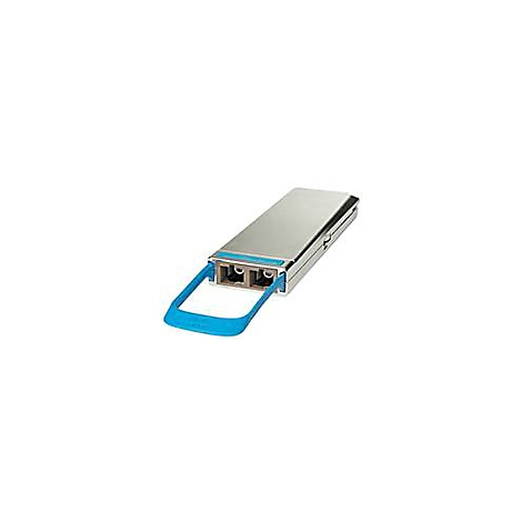 Ein silberner Netzwerktransceiver mit zwei Ports, einem blauen Bügel und blauer Markierung.
