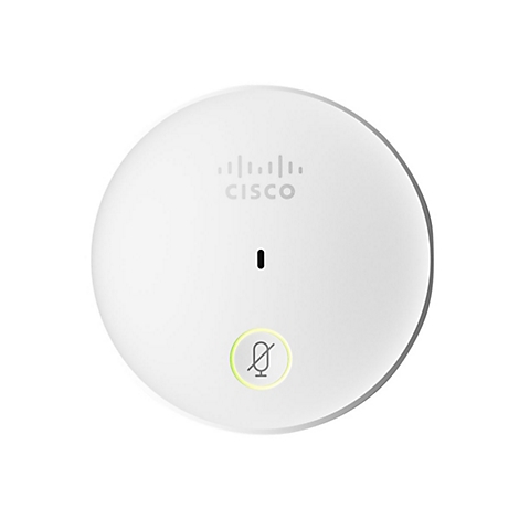 Haut-parleur de microphone Cisco blanc rond avec symbole de microphone désactivé et logo Cisco.