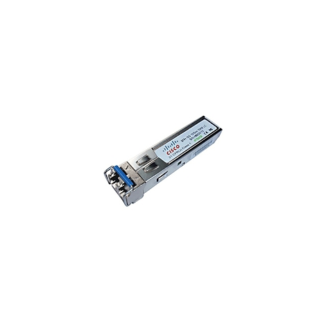 Ein silberner Cisco SFP-Transceiver mit blauem Clip. Beschriftung mit 'CISCO' und technischen Daten.