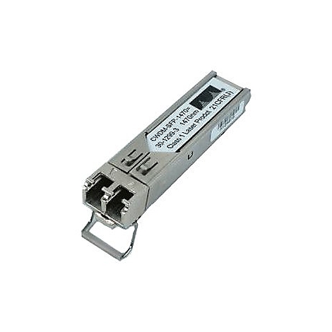 Ein silbernes CWDM-SFP-Modul mit Aufschrift. Das Modul ist länglich, mit zwei Steckplätzen und einem Metallbügel.