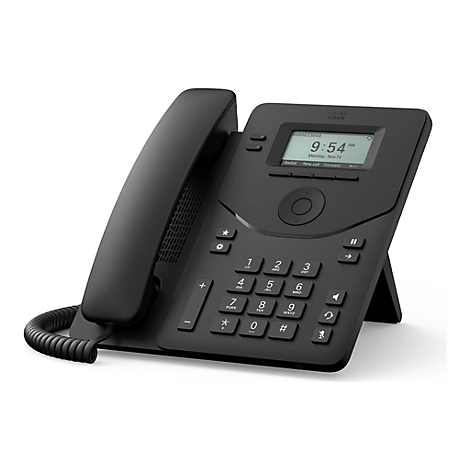 Schwarzes Cisco-Telefon mit Zifferntasten und Display, die Uhrzeit 9:54 AM anzeigt. Es steht auf einer weißen Oberfläche.