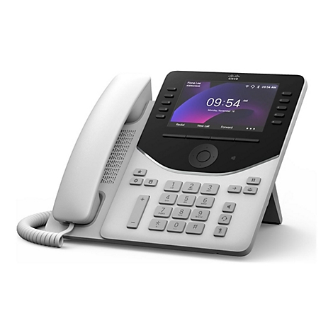 Téléphone fixe blanc avec écran noir affichant la date et l'heure. Clavier avec chiffres et fonctions.