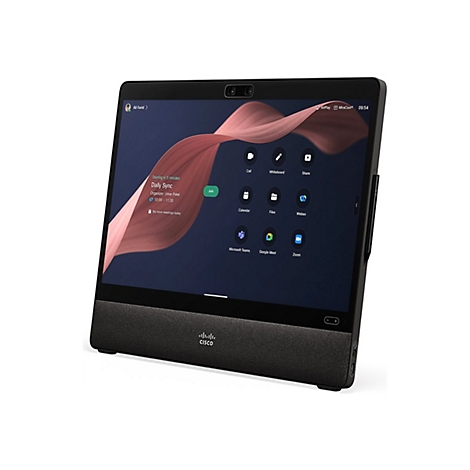 Une tablette Cisco noire avec écran tactile affiche une application de réunion. L'écran affiche des icônes pour les appels, les calendriers et les services de visioconférence.
