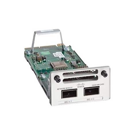 Ein graues Netzwerkmodul mit zwei Anschlüssen und einem Bügelgriff. Auf der Front steht Cisco.