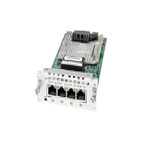 Nahaufnahme einer elektronischen Netzwerkkarte mit vier Ports, Kühlkörper.