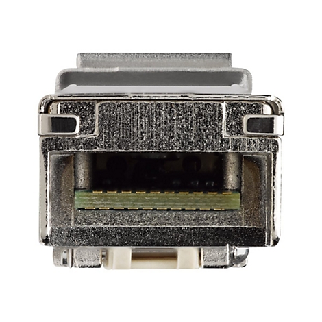 Gros plan d'un connecteur argenté et rectangulaire avec des éléments verts et blancs.