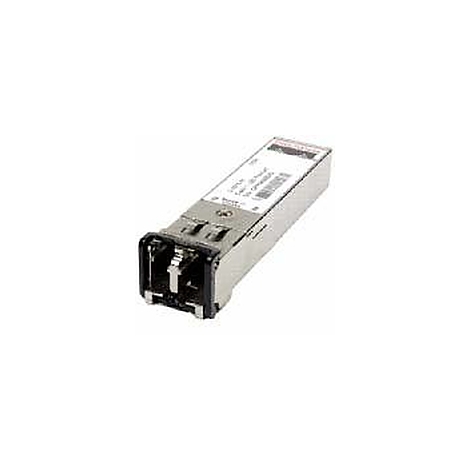 Un module SFP argenté utilisé pour la transmission de données. Il possède un connecteur noir et une étiquette avec du texte.