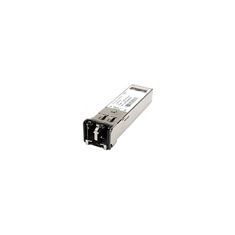 Émetteur-récepteur SFP argenté, détails du dessus et du connecteur, autocollant du produit avec du texte.