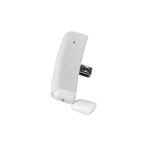 Ein weißer USB-WLAN-Stick mit abgenommenem Gehäusedeckel vor einem hellen Hintergrund.