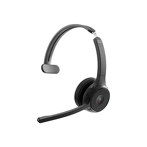 Schwarzes drahtloses Headset von Cisco, mit Mikrofon und Markenlogo.