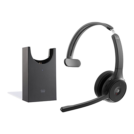 Schwarzes Headset und Ladestation. Auf beiden Elementen ist das Cisco-Logo zu sehen. Das Headset hat ein Mikrofon und Ohrmuscheln.