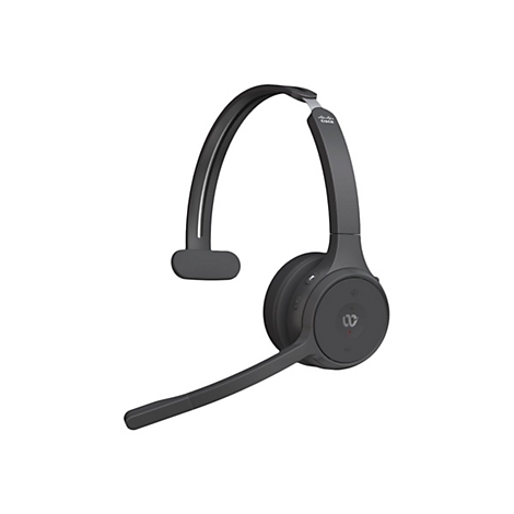 Drahtloses Headset in Grau mit Bügel, Mikrofon und Logo auf der Ohrmuschel. Auf weißem Hintergrund.