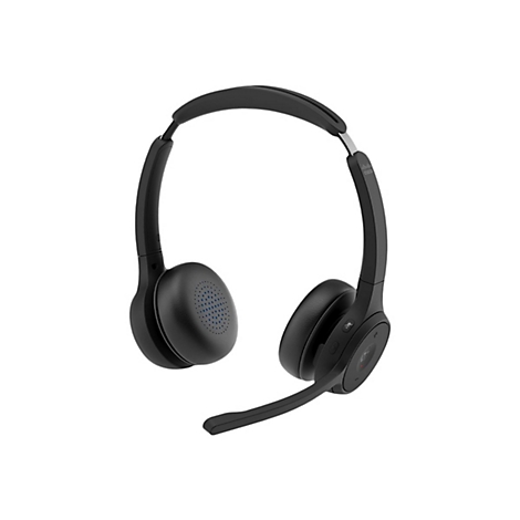 Schwarzes Headset mit Mikrofon auf weißem Hintergrund.