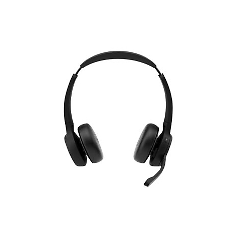 Schwarzes Headset mit Ohrmuscheln und Mikrofon, vor weißem Hintergrund.