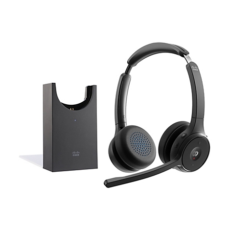 Schwarzes Headset mit Ladestation, beide mit Logo "CISCO". Das Headset hat ein Mikrofon und blaue Details an den Ohrmuscheln.