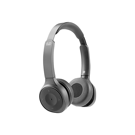 Casque circum-auriculaire gris avec logo Cisco, boutons sur les oreillettes. Sur fond blanc.
