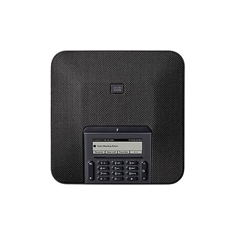 Schwarzes Cisco Konferenztelefon mit Bildschirm und Ziffernblock.