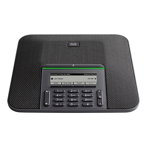 Ein schwarzes Cisco Konferenztelefon mit Bildschirm und Tasten. Auf dem Bildschirm sind Informationen zu einem Anruf zu sehen.