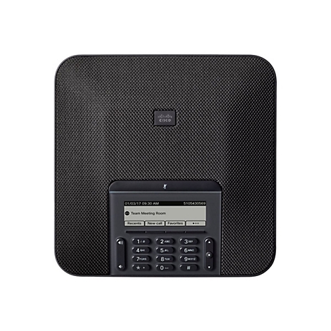 Schwarzes Cisco-Konferenztelefon, das die Uhrzeit und einen Anrufsverlauf anzeigt.
