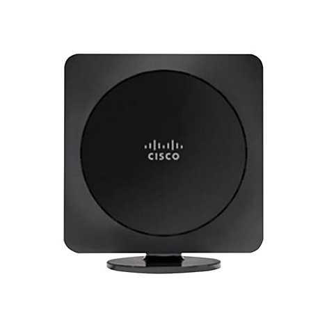 Appareil réseau noir avec une section centrale ronde et le logo Cisco sur fond blanc.