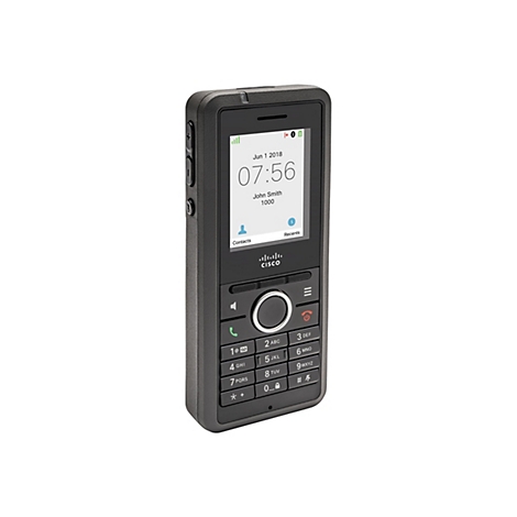 Ein schwarzes Mobiltelefon mit Display, Ziffernblock und Tasten. Auf dem Bildschirm: Datum, Uhrzeit, Name.
