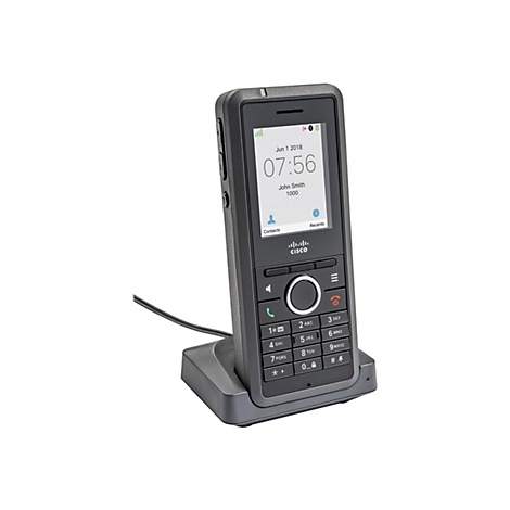 Schwarzes Festnetztelefon mit Display, in Ladestation. Datum und Uhrzeit angezeigt. Logo Cisco.