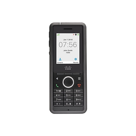 Dunkelgraues Mobiltelefon mit Tasten und Display. Uhrzeit 07:56, Datum 01.06.2018. Cisco.