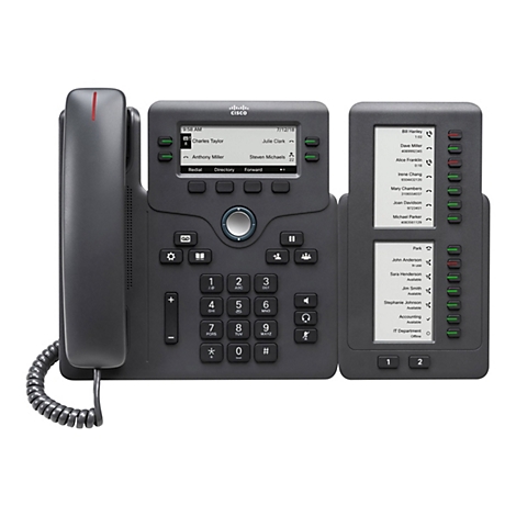 Dunkelgraues Tischtelefon mit zwei Bildschirmen und vielen Tasten. Auf den Bildschirmen werden Kontakte und Anrufdetails angezeigt.