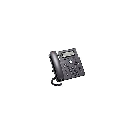 Schwarzes Cisco IP-Telefon mit Hörer, Display und Ziffernblock auf weißem Hintergrund.