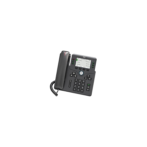 Ein schwarzes Cisco-IP-Telefon mit Bildschirm, Zahlen- und Funktionstasten auf weißem Hintergrund.