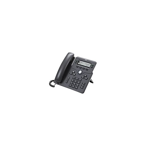 Dunkelgraues Tischtelefon, mit Hörer und Display, auf weißem Hintergrund.