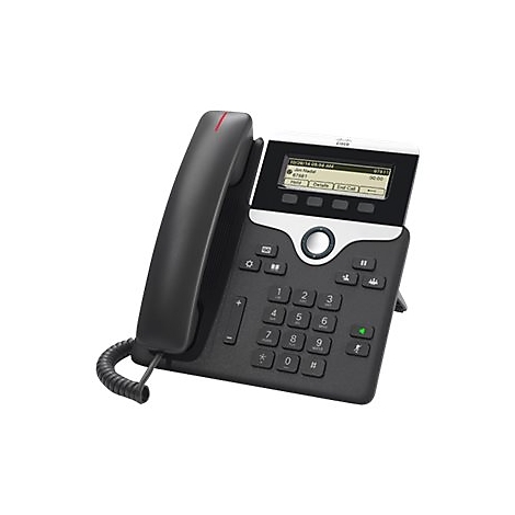 Ein schwarzes Cisco-Telefon auf weißem Hintergrund. Das Telefon hat ein Display, Tasten und einen Hörer.