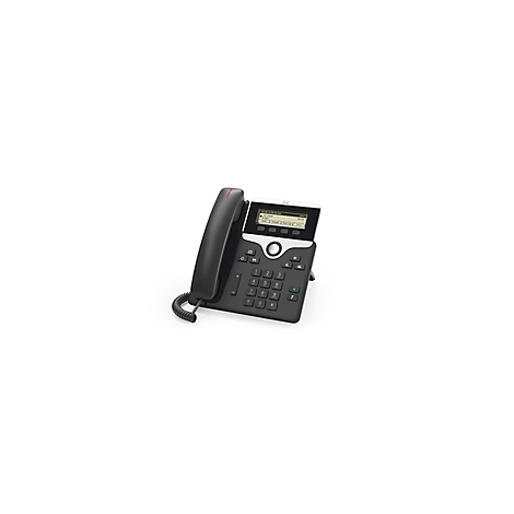 Schwarzes Telefon mit Display, Tasten und Hörer, vor weißem Hintergrund.