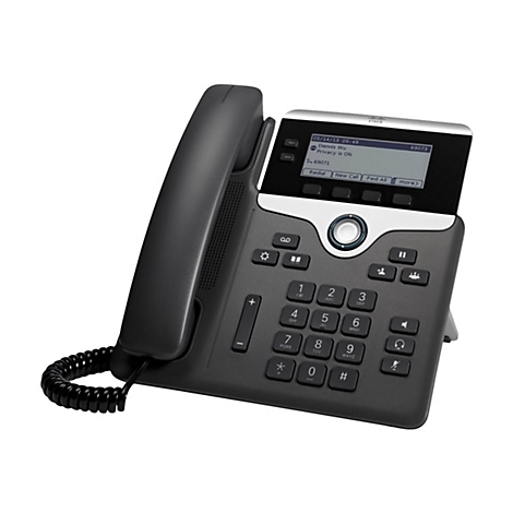 Schwarzes Tischtelefon mit Display. Auf dem Display: Datum, Uhrzeit, Name und Datenschutzhinweis. Tasten mit Ziffern und Funktionen.