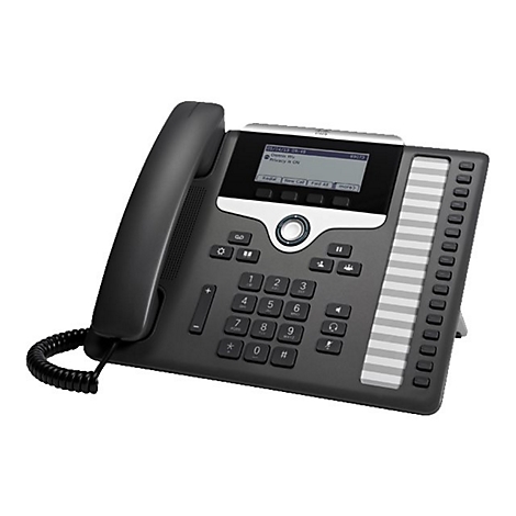 Schwarzes Bürotelefon mit Display, Tasten und Hörer. Auf dem Display sind Informationen angezeigt.