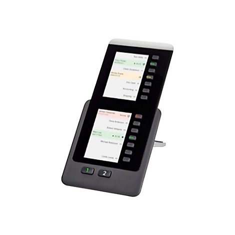 Ein schwarzes Telefon mit zwei Bildschirmen zeigt Kontaktlisten. Auf der Basis befinden sich zwei Tasten.