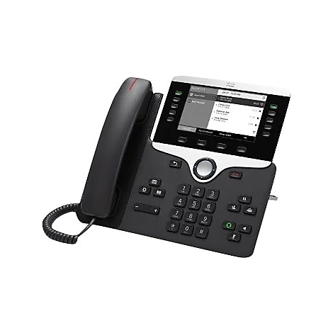 Schwarzes Cisco IP-Telefon mit Display, Hörer und Tastatur.