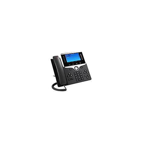 Schwarzes Tischtelefon mit großem Bildschirm. Auf dem Display ist eine Menüauswahl zu sehen. Hörer liegt auf der Gabel.