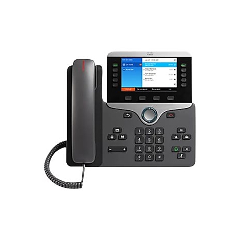 Graues IP-Telefon mit Display, Tastenfeld und Hörer auf weißem Hintergrund. Auf dem Bildschirm sind Informationen zu sehen.