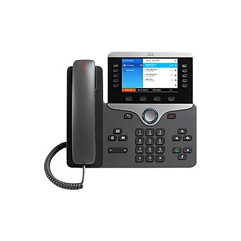 Graues Cisco IP-Telefon mit Touchscreen, Tastenfeld und Hörer.
