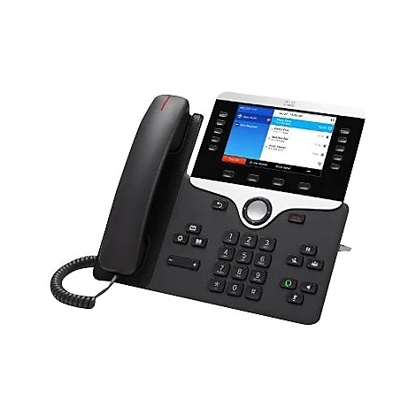 Schwarzes Cisco IP-Telefon mit Display, Tasten und Hörer. Auf dem Bildschirm sind Informationen zu sehen.