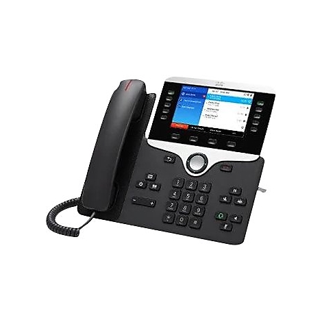Ein schwarzes Cisco-IP-Telefon mit Display, Tastatur und Hörer.