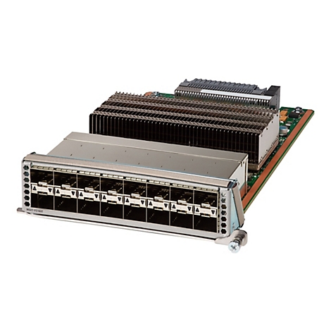 Ein elektronisches Gerät mit Kühlkörper und Anschlüssen. Aufschrift: M9XT-FC1632.