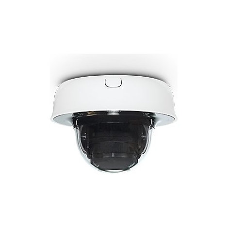 Eine weiße Kuppelkamera, die an der Decke befestigt ist. Die Kamera hat eine schwarze Linse und ist von einer transparenten Halbkugel umgeben.