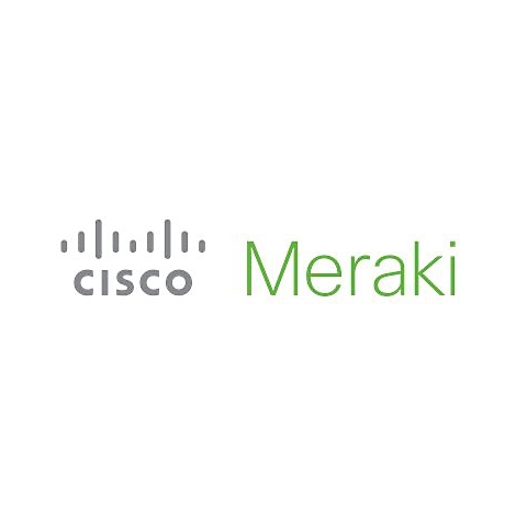 Graues Cisco Logo mit darüberliegenden Linien und grüner Meraki Schriftzug auf weißem Grund.
