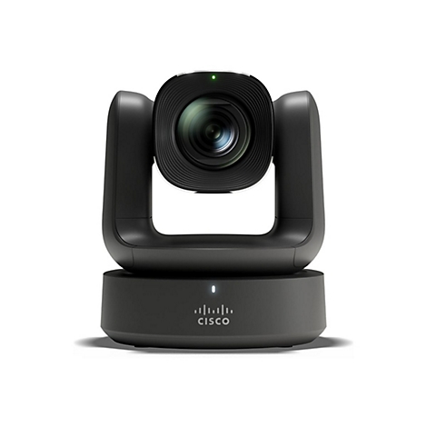 Schwarze Videokonferenzkamera mit Cisco-Logo. Die Linse wird von einem bogenförmigen Gehäuse umschlossen.