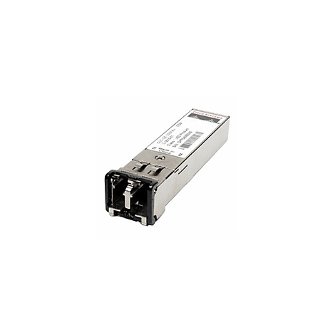 Ein silberner Glasfaser-Transceiver mit grauen und schwarzen Details, Produktdetails und Markennamen.