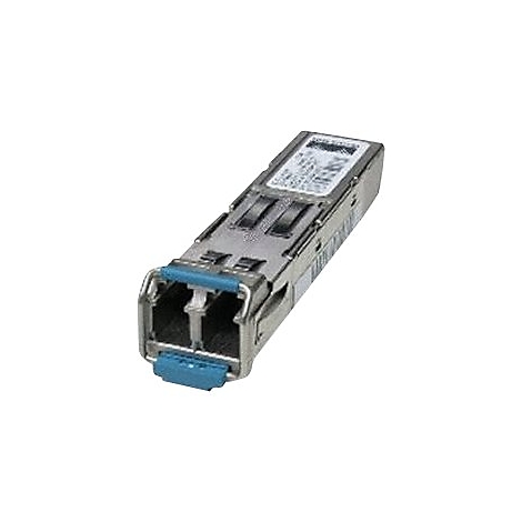Ein silberner SFP-Transceiver mit blauen Riegeln.