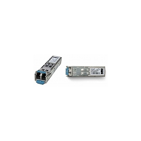 Zwei silberne SFP-Transceiver-Module mit blauen Akzenten, im Detail und von der Seite gezeigt.