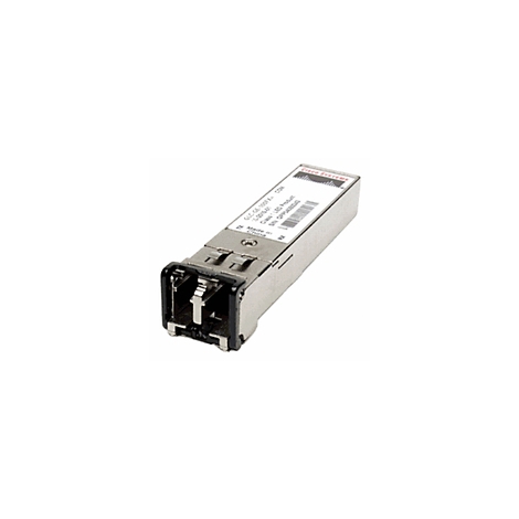Ein silberner Cisco SFP Transceiver, mit Produktinformationen und Logo, vor weißem Hintergrund.